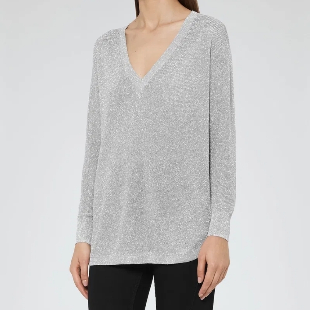 Reiss Silver Shiny Metallic V-Neck Long Sleeve Loose Bless Knit Jumper Top